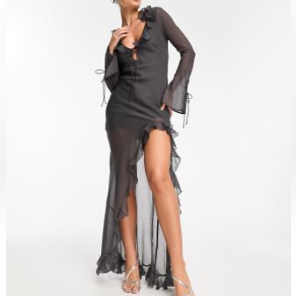 ASOS DESIGN plunge ruffle bias maxi dress in charcoal